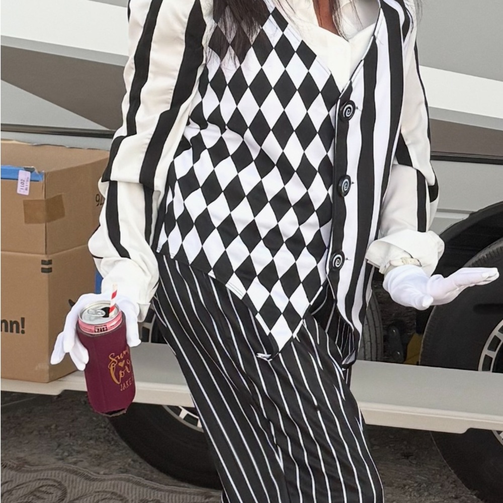 Hat -Black & White Striped Women's Shirt-Vest & Pants Augusta the Clown Outfit.